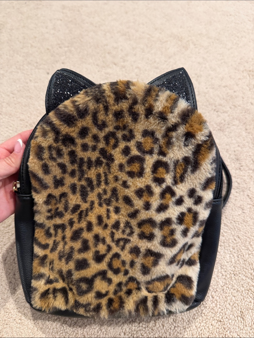 Leopard Print Faux Fur Mini Backpack - Black & Brown euc